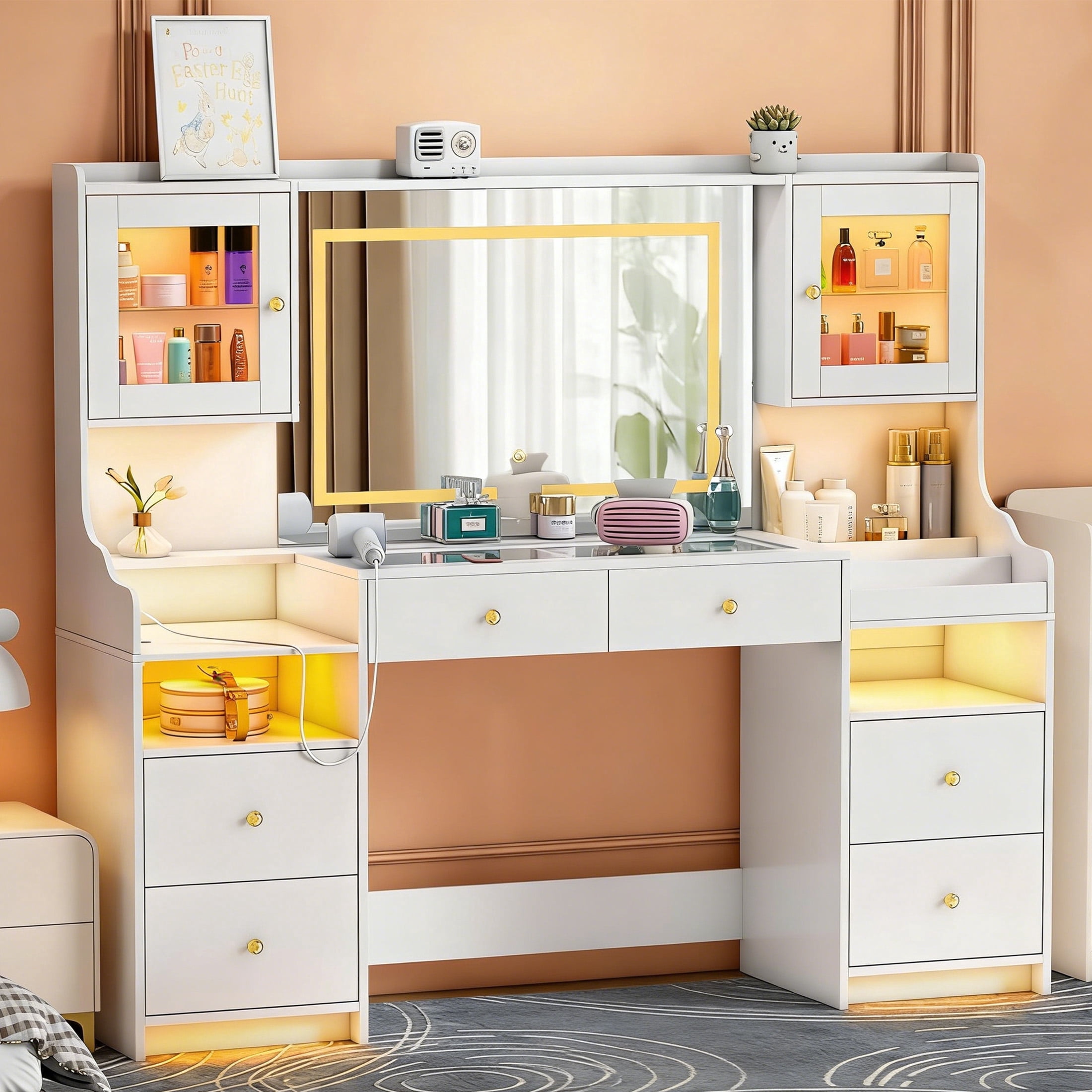 Makeup Vanity Desk with LED Lights and Mirror, Akaber 62" Large White Vanity with Power Outlet, 3 Lighting Modes, 4 Drawers & 2 Cabinets, Glass Top Vanity Table for Women Girls