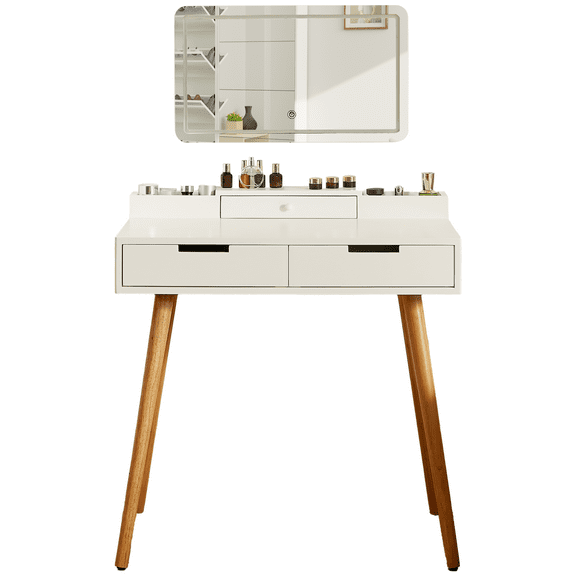 Makeup Vanity Desk with LED Lights and Removable Mirror, 3 Adjustable Color Modes, Small Dressing Table with 2 Drawers and Open Shelves for Bedroom Organization, White 31.5 Inch