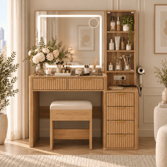 Makeup Vanity Desk with LED Mirror, Fluted Wood Vanity with 6 Drawers ...