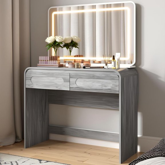 Makeup Vanity Desk with Large 37" Mirror and Lights, Vanity Desk with 2 Drawers and Storage Desktop Space, Modern Makeup Vanity Dressing Table with Curved Profile Design for Home Office Bedroom, Grey