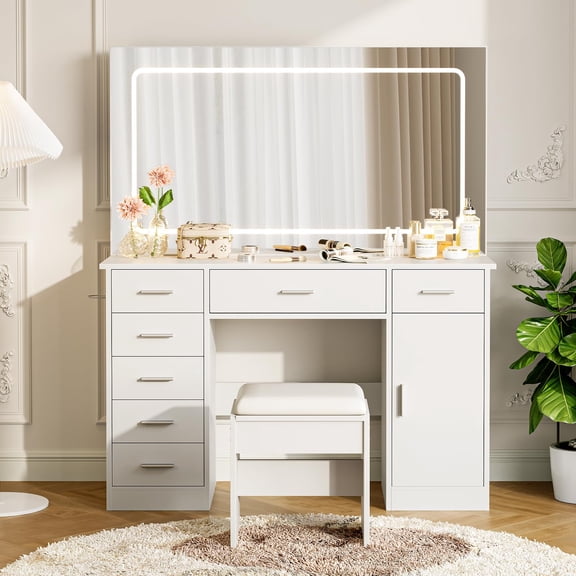 Makeup Vanity Desk with Large Dimmable Mirror, 7 Drawers & Chair, 3 Lighting Modes, Built-in Charging Station, Hairdryer Holder, Bedroom Dressing Table