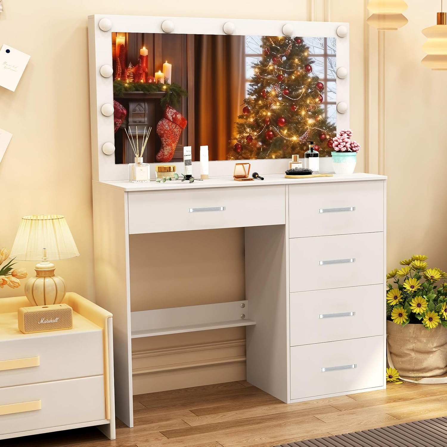 Makeup Vanity Desk with Large Mirror and Lights, White Makeup Vanity ...