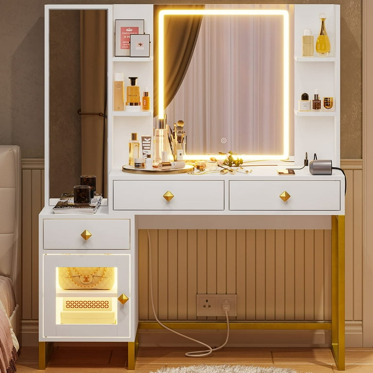 Makeup Vanity Desk with Lighted LED Mirror & Charging Station, Large LED  Vanity Desk Dressing Table with 3 Drawers&RGB Cabinet&Nightstand for Women