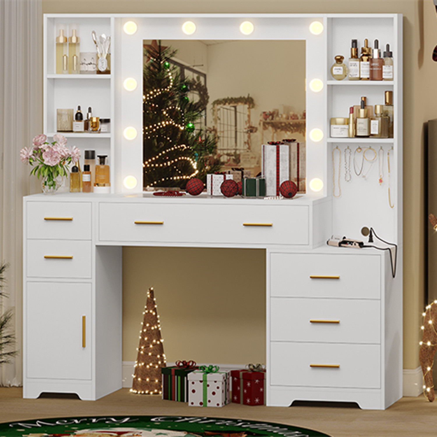 Makeup Vanity Desk with Lighted Mirror&Charging Stations&6 Drawers