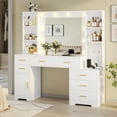 thumbnail image 1 of Makeup Vanity Desk with Lighted Mirror & Charging Stations & 6 Drawers, Large Vanity Table Bedroom Dressing Table with Glass Tabletop&Side Cabinet&Glass Tabletop, White, 1 of 8