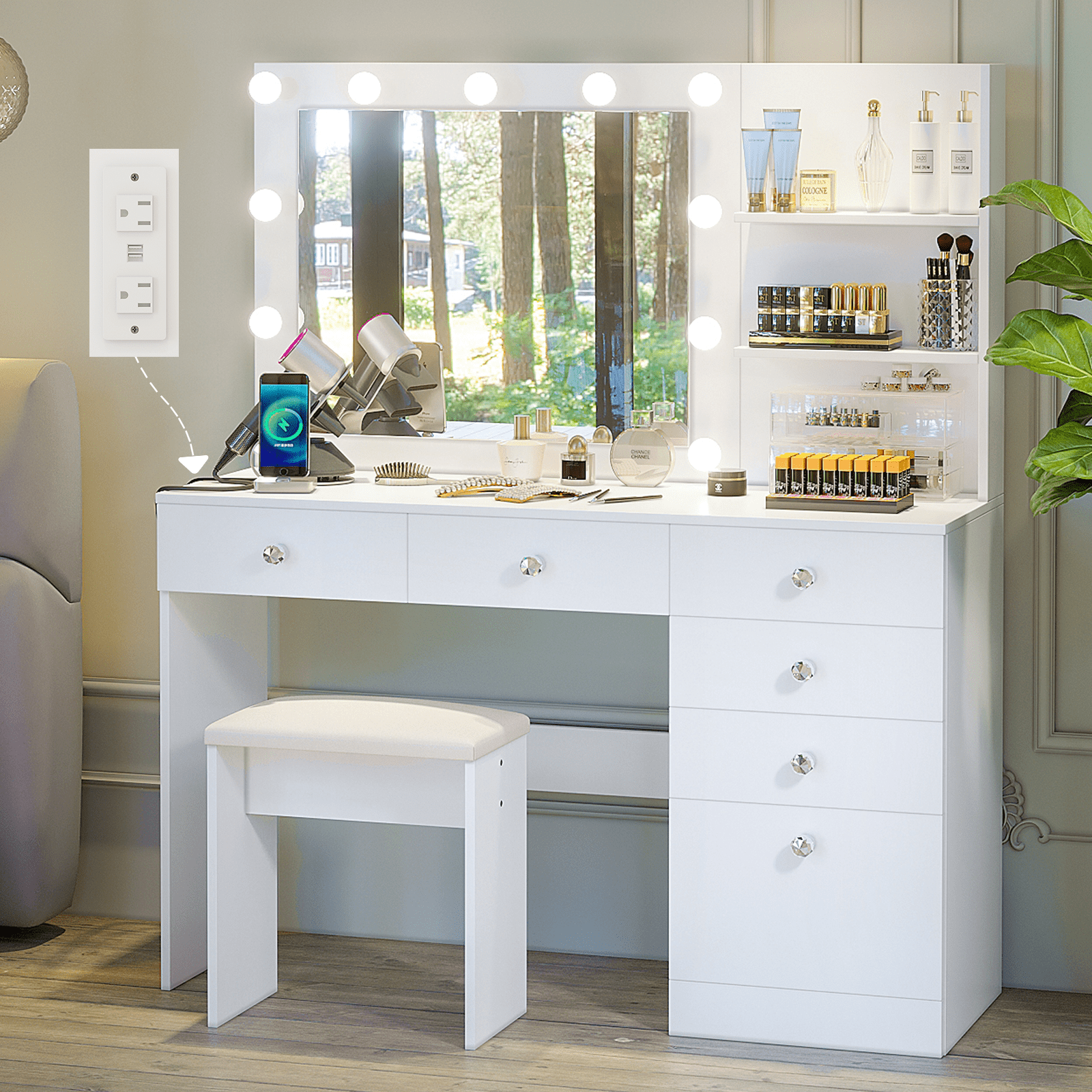Makeup Vanity Desk with Lighted Mirror Crystal Ball Handles Power 