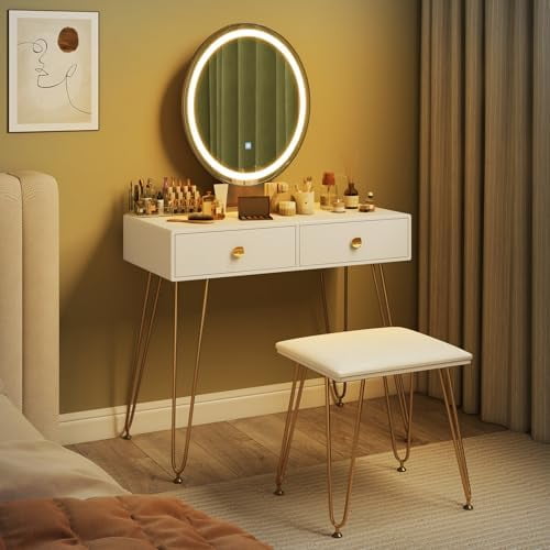 Makeup Vanity Desk with Lighted Mirror, Dressing Table and Chair Set with 3- Lighting, Acrylic Makeup Organizer & 2 Large Drawers, Modern Vanity Set for Bedroom, Studio