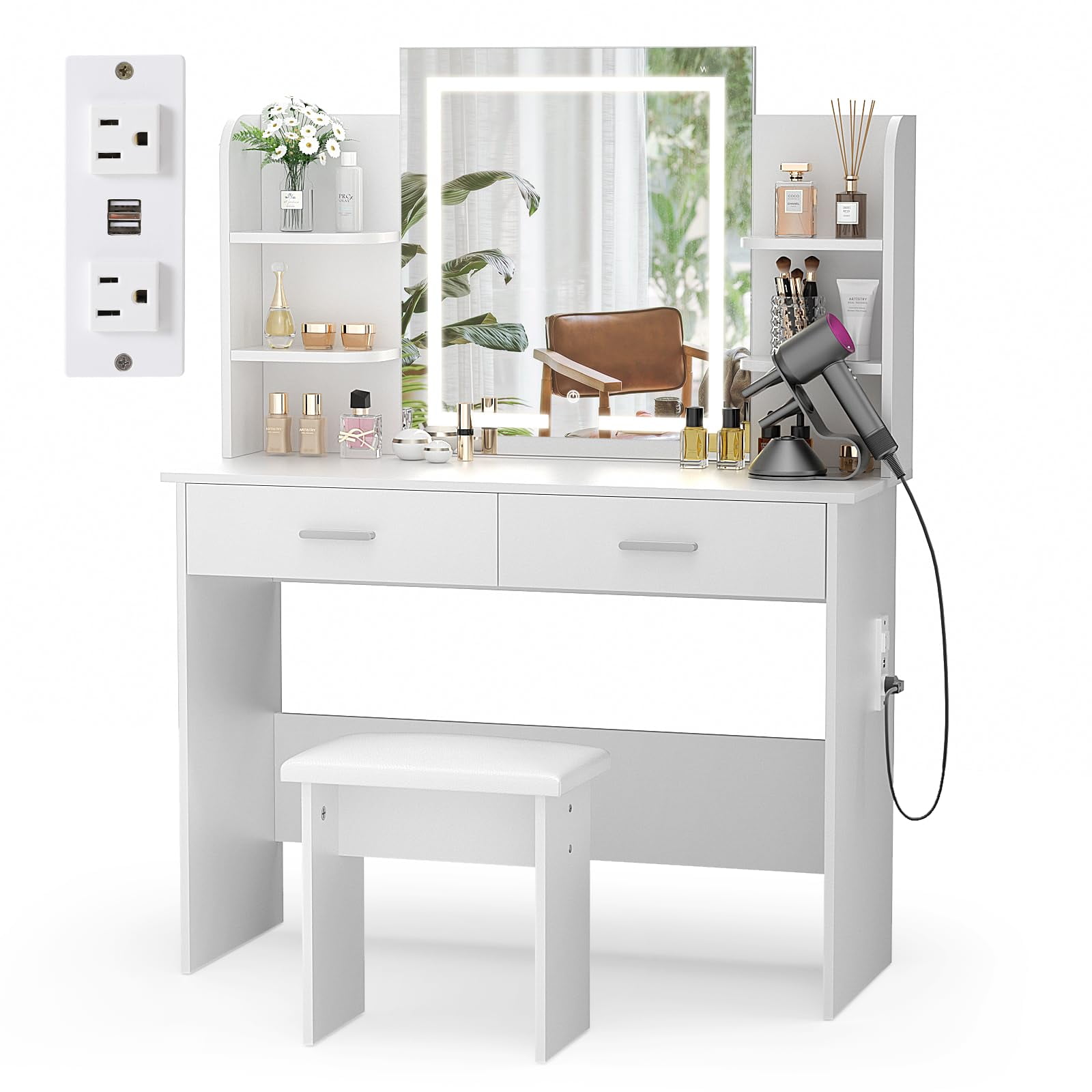 Makeup Vanity Desk with Lighted Mirror Power Outlet, 3 Color Light 