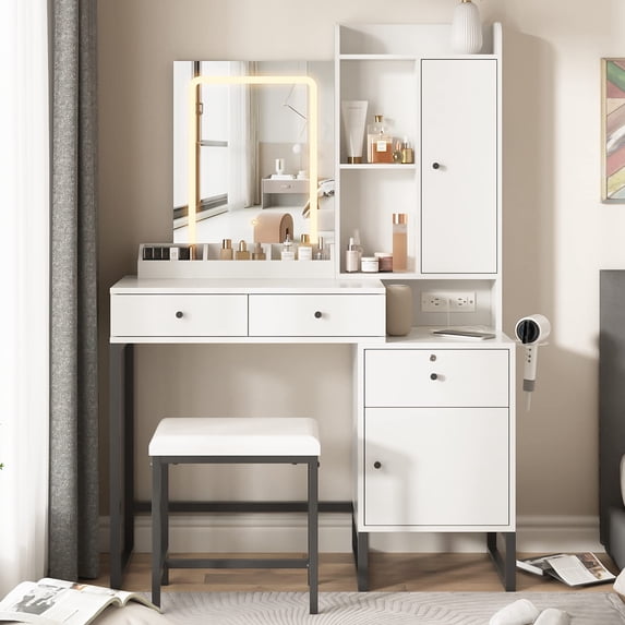 Makeup Vanity Desk with Lighted Mirror & Power Strip,White Vanity Table Set with Hair Dryer Rack,Hidden Sliding Mirror Bedroom Dressing Table with 3 Drawer and 2 Cabinet,3 Lighting Colors,40.6in(L)