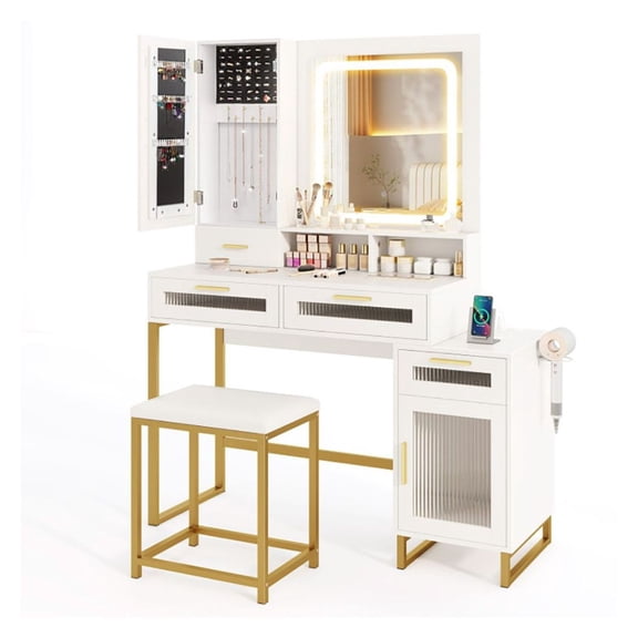 Makeup Vanity Desk with Lighted Mirror & Stool Set - White & Gold Dressing Table with USB Charger, Large Storage, Jewelry Organizer - Ideal Gift for Women