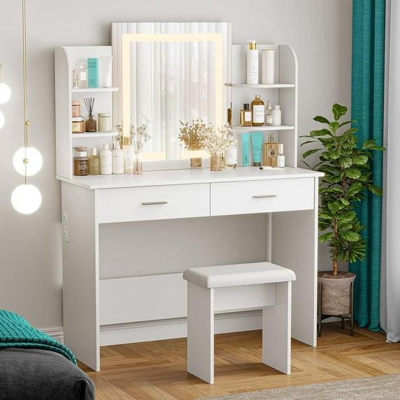 Makeup Vanity Desk with Lighted Mirror and Stool, White Dressing Table with 2 Drawers, Open Shelves, and Charging Station, Small Vanity Set for Girls and Women