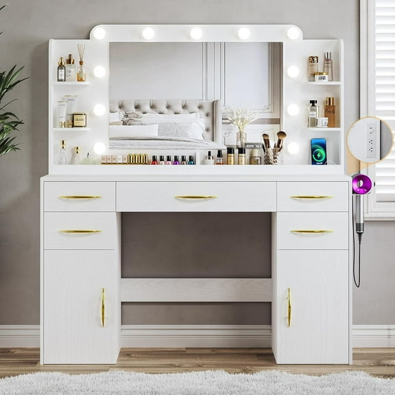 Makeup Vanity Desk with Lights, 45.5" Large Vanity with Mirror and Lights in 3 Models, Vanity with Power Outlet, Vanity Desk with 5 Drawers, 2 Cabinets, Shelves for Bedroom, White