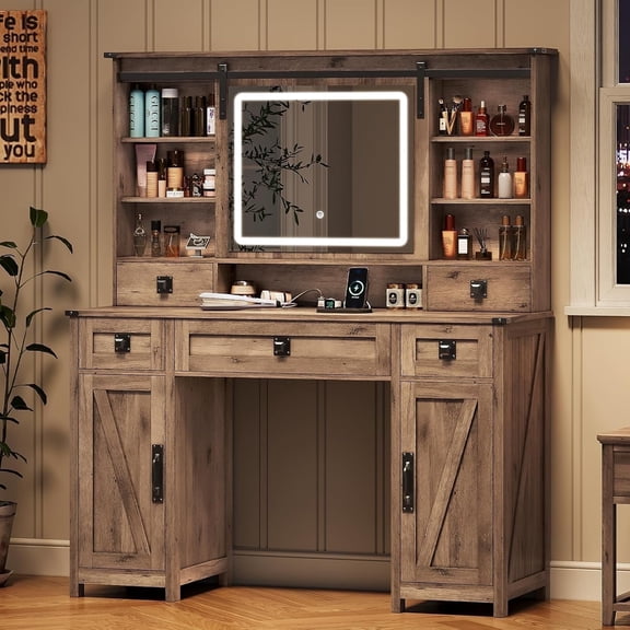 Makeup Vanity Desk with Lights, 47.2" Farmhouse Vanity Table with Sliding Mirror & Charging Station, Large Makeup Desk with 5 Drawers & 2 Cabinets, Rustic Oak