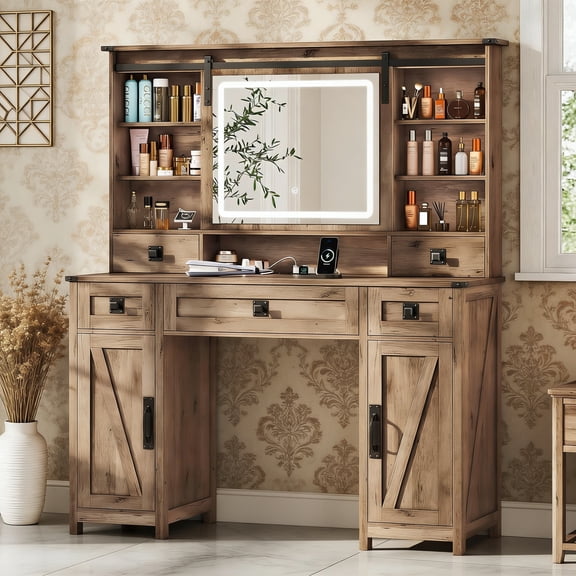 Makeup Vanity Desk with Lights, 47.2" Farmhouse Vanity Table with Sliding Mirror & Charging Station, Large Makeup Desk with 5 Drawers & 2 Cabinets, Rustic Oak