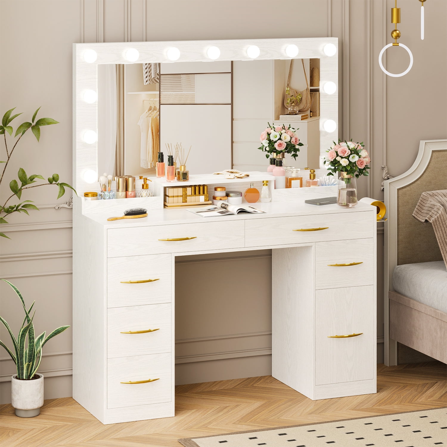 Tomnk woo White Makeup Vanity Desk with Large Mirror, Adjustable Lights, Storage Drawers & Power Outlets