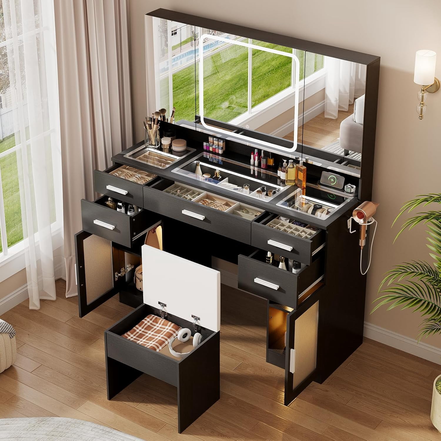 Makeup Vanity Desk with Lights and Mirror, Glass Top Vanity Set with Power Outlet, 3 Lighting Modes, Adjustable Brightness, Dressing Table for Bedroom, Black