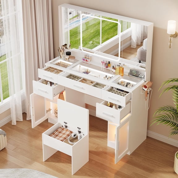 Makeup Vanity Desk with Lights and Mirror, Glass Top Vanity Set with Power Outlet, 3 Lighting Modes, Adjustable Brightness, Dressing Table for Bedroom, White