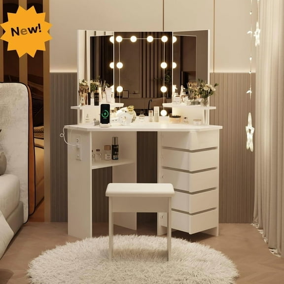 Makeup Vanity Desk with Lights & Power Outlet, Corner Vanity Table with 5 Rotating Drawers, Adjustable LED Mirror with 3 Color Lighting, Shelves & Stool