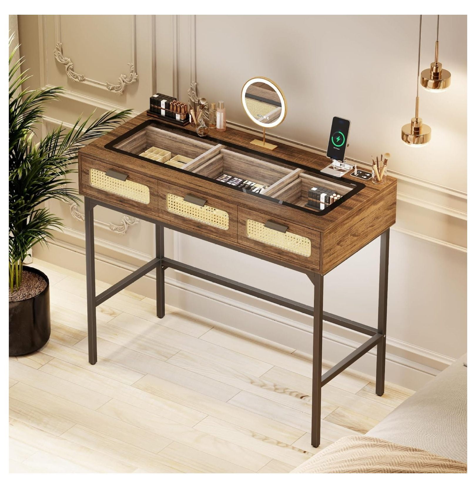 Makeup Vanity Desk with Lights Vanity Table with Glass Top Design & Charging Station, Vintage