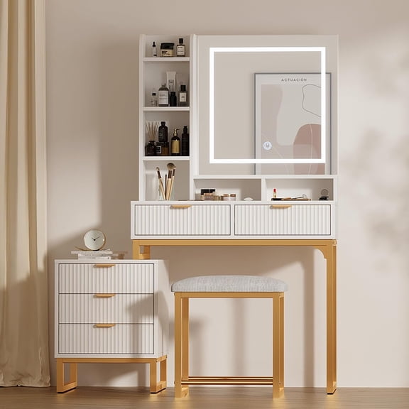 Makeup Vanity Desk,Makeup Vanity with Mirror and Lights&5 Drawers Vanity Set with Stool and Removable Side Storage Cabinet for Bedroom