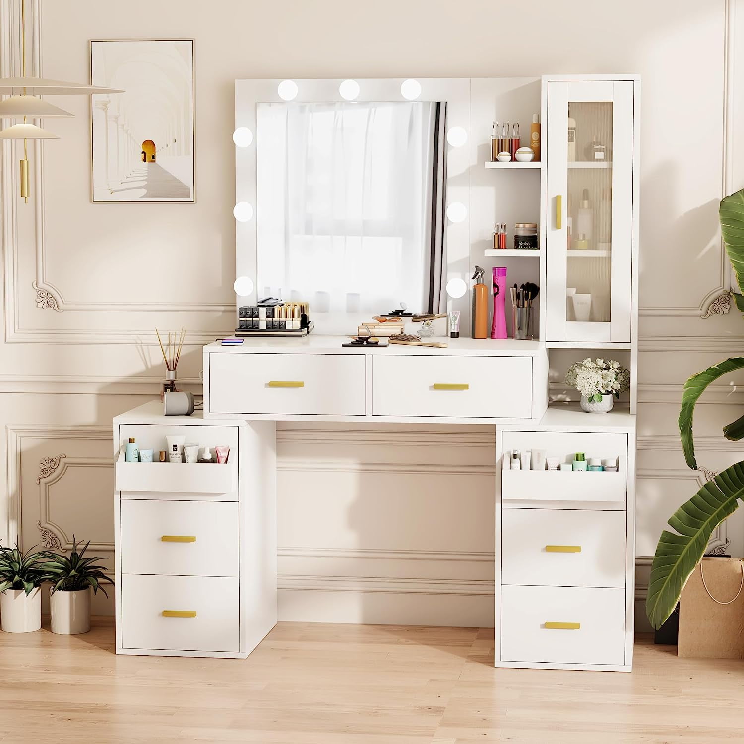 Makeup Vanity Desk with Mirror and 3Color Lights, Large Vanity Desk