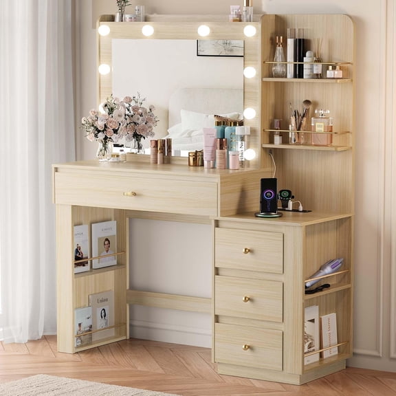 Makeup Vanity Desk with Mirror and 3 Colors Lights, Vanity Table with 10 LED Bulbs & Power Outlet, Large Dressing Table with 4 Drawers, 6 Storage Shelves for Bedroom, Women and Girls, Oak