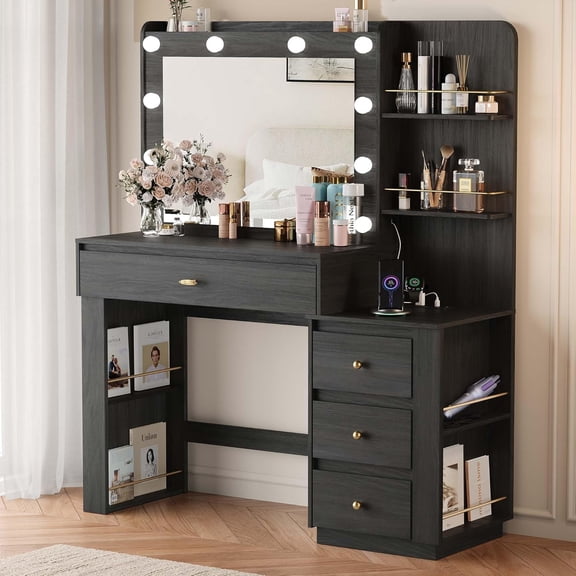 Makeup Vanity Desk with Mirror and 3 Colors Lights, Vanity Table with 10 LED Bulbs & Power Outlet, Large Dressing Table with 4 Drawers, 6 Storage Shelves for Bedroom, Women and Girls, Black