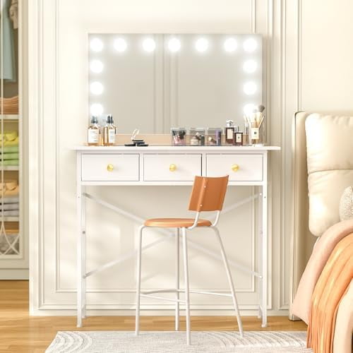 Makeup Vanity Desk No Mirror, 37.2 Inch Vanity with 3 Drawers, Girls Vanity Dressing Table for Bedroom, Small Vanity Table Home Office Desk for Small Spaces, White$$Home Decor, Kitchen, & Other