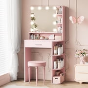 Makeup Vanity Desk with Mirror and Lights, 26.4 Small Vanity Mirror with Lights with Large Drawer and 6 Level Storage, White Vanity with Large Led Mirror with 3 Lighting Modes Pink