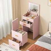 Makeup Vanity Desk with Mirror and Lights, 3-in-1 Compact Vanity Set with Storage and Rolling Chair, Small Dressing Table with Adjustable 3-Light Mode, Nightstand for Bedroom, Apartment, Pink