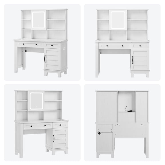 Makeup Vanity Desk with Mirror and Lights, 42 in Glass Top Vanity Table with Charging Station, Upholstered Stool, Drawers, Cabinet & Open Shelves for Bedroom or Dressing Room - White