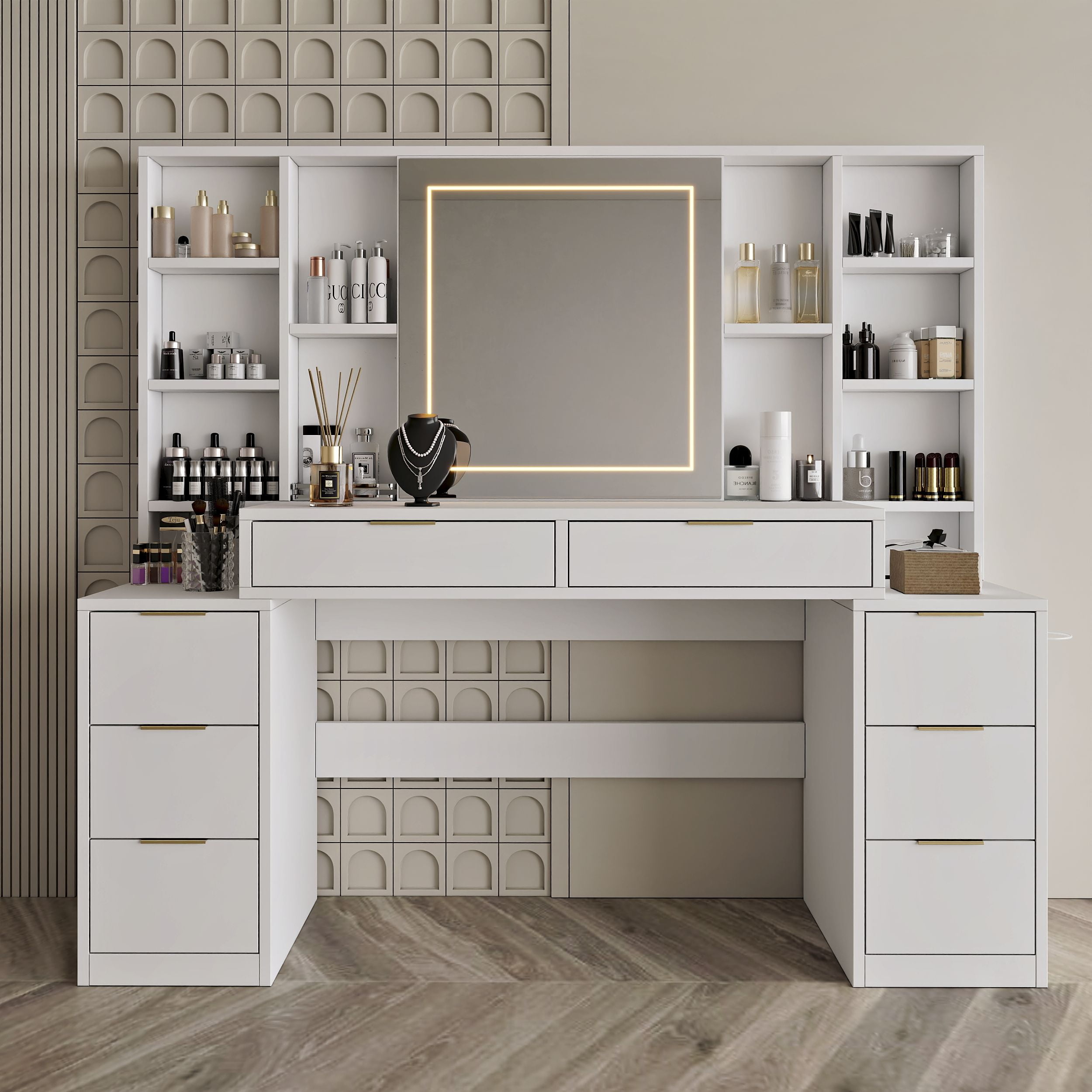 Makeup Vanity Desk with Mirror and Lights, 59" Large Vanity Table with 8Drawers & Open Storage Shelves, Brightness Adjustable, Dressing Table for Bedroom, Women Girl