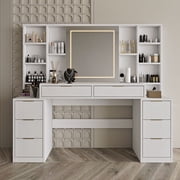 Makeup Vanity Desk with Mirror and Lights, 59 Large Vanity Table with 8Drawers & Open Storage Shelves, Brightness Adjustable, Dressing Table for Bedroom, Women Girl