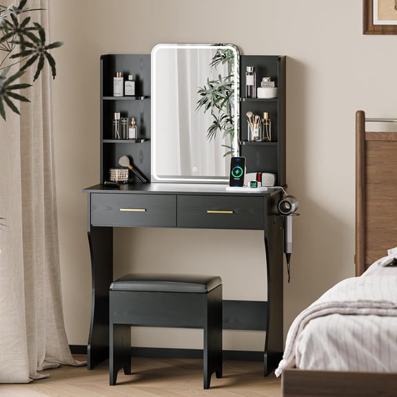 Makeup Vanity Desk with Mirror and Lights, Black Vanity with Power Outlet and LED Lights, Vanity Table with 2 Drawers and 6 Storage Shelves, Vanity Set with Chair for Bedroom