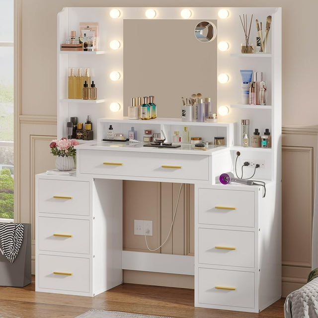White Makeup Vanity Desk with LED Lights, Mirror, Charging Station, 8