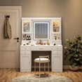 thumbnail image 1 of Makeup Vanity Desk with Mirror and Lights, Farmhouse Vanity Table with Charging Station, 41.3'' Bedroom Dressing Table with 6 Drawers & 4 Cabinets, 3 Color Lighting Modes, White (41.34"x15.75"x59.45"), 1 of 7