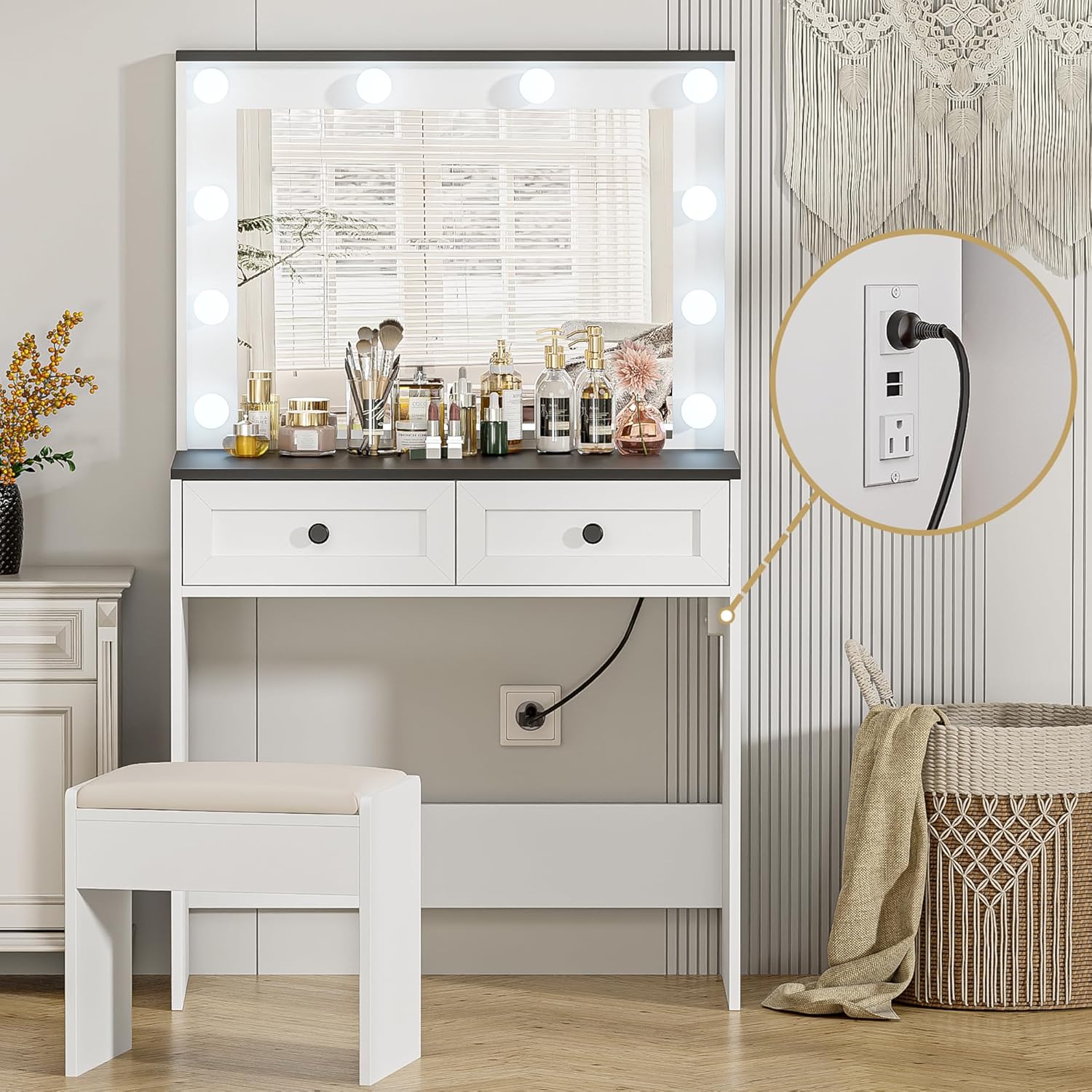 Makeup Vanity Desk with Mirror and Lights, Farmhouse White Vanity with