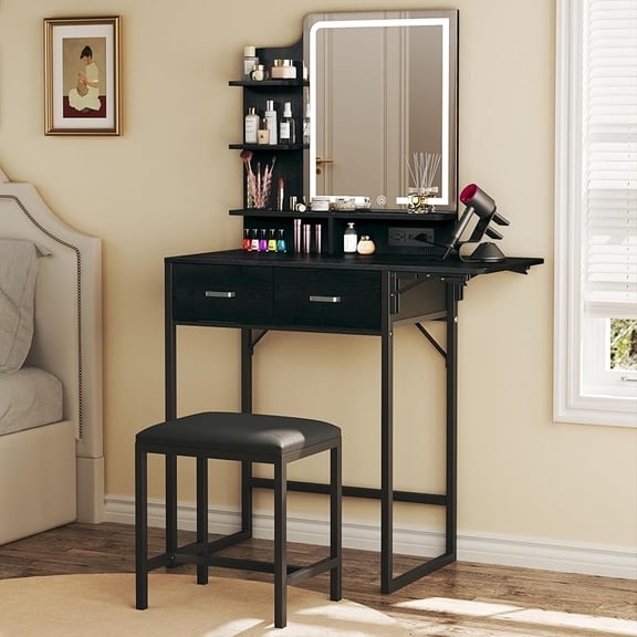 Makeup Vanity Desk with Mirror and Lights, Small Vanity with Fabric Storage Drawer & Chair & Shelves, Vanity with Fold-up Panel and Power Outlet for Bedroom