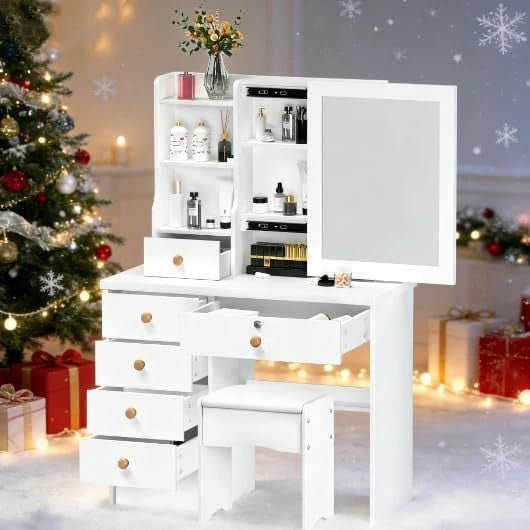 Makeup Vanity Desk with Mirror and Lights,Small Vanity Table and Chair Set with 6 Opening Shelves, 4 Drawers,LED Mirror Saving Space Bedroom Dressing Table for Women Mother Girls Gift (Square B)