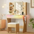 thumbnail image 1 of Makeup Vanity Desk with Mirror & Lights, Small Vanity Table Set for Girls with Chair & Power Outlet, Fluted Dressing Table with 2 Drawers & 4 Storage Shelves, Adjustable RGB Lighting - Wood, 1 of 9
