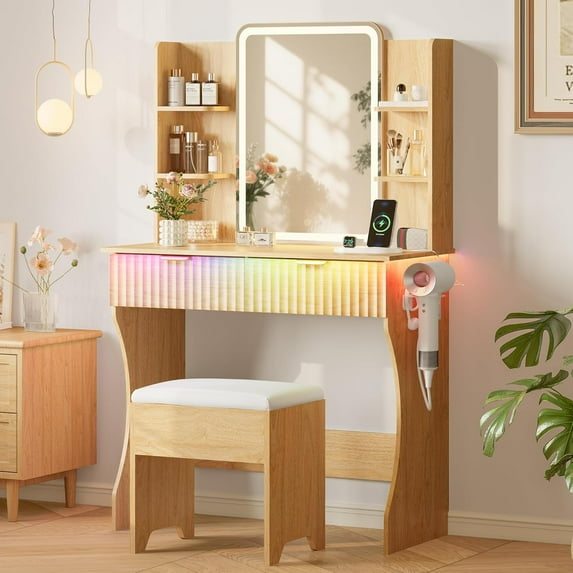 Makeup Vanity Desk with Mirror & Lights, Small Vanity Table Set for Girls with Chair & Power Outlet, Fluted Dressing Table with 2 Drawers & 4 Storage Shelves, Adjustable RGB Lighting - Wood