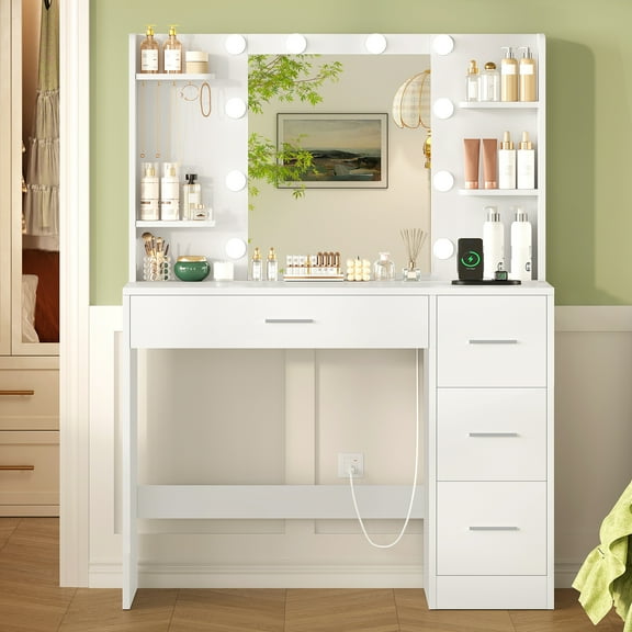 Makeup Vanity Desk with Mirror & Lights, Vanity Desk with 4 Drawers & 4 Shelves & 5 Hooks, Vanity Table with Power Outlet, 3 Color Modes & Adjustable Brightness Dressing Table, Bedroom