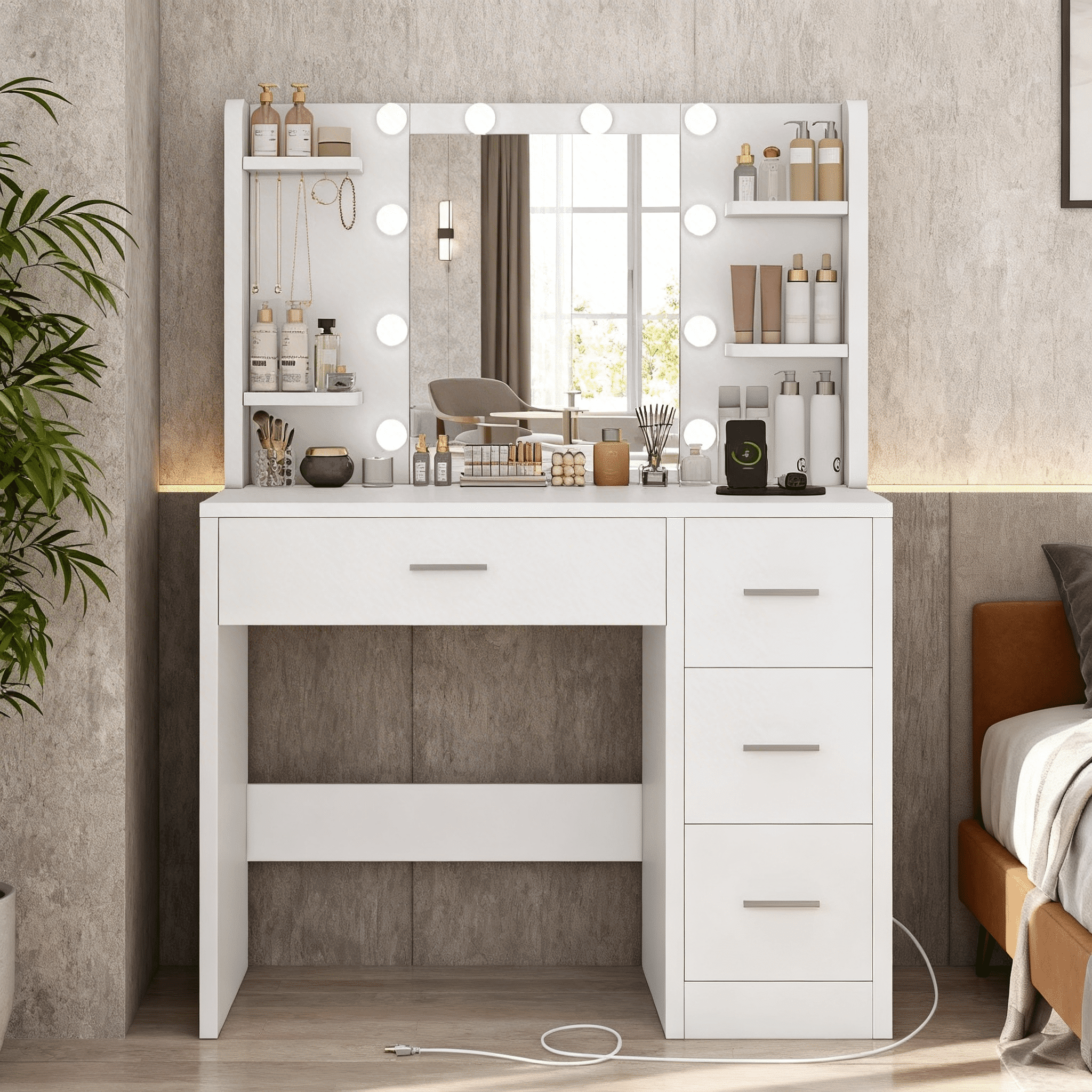 Makeup Vanity Set with Mirror & Lights, Vanity Desk with 4 Drawers, Vanity Table with Power Outlet, 3 Color Modes & Adjustable Brightness