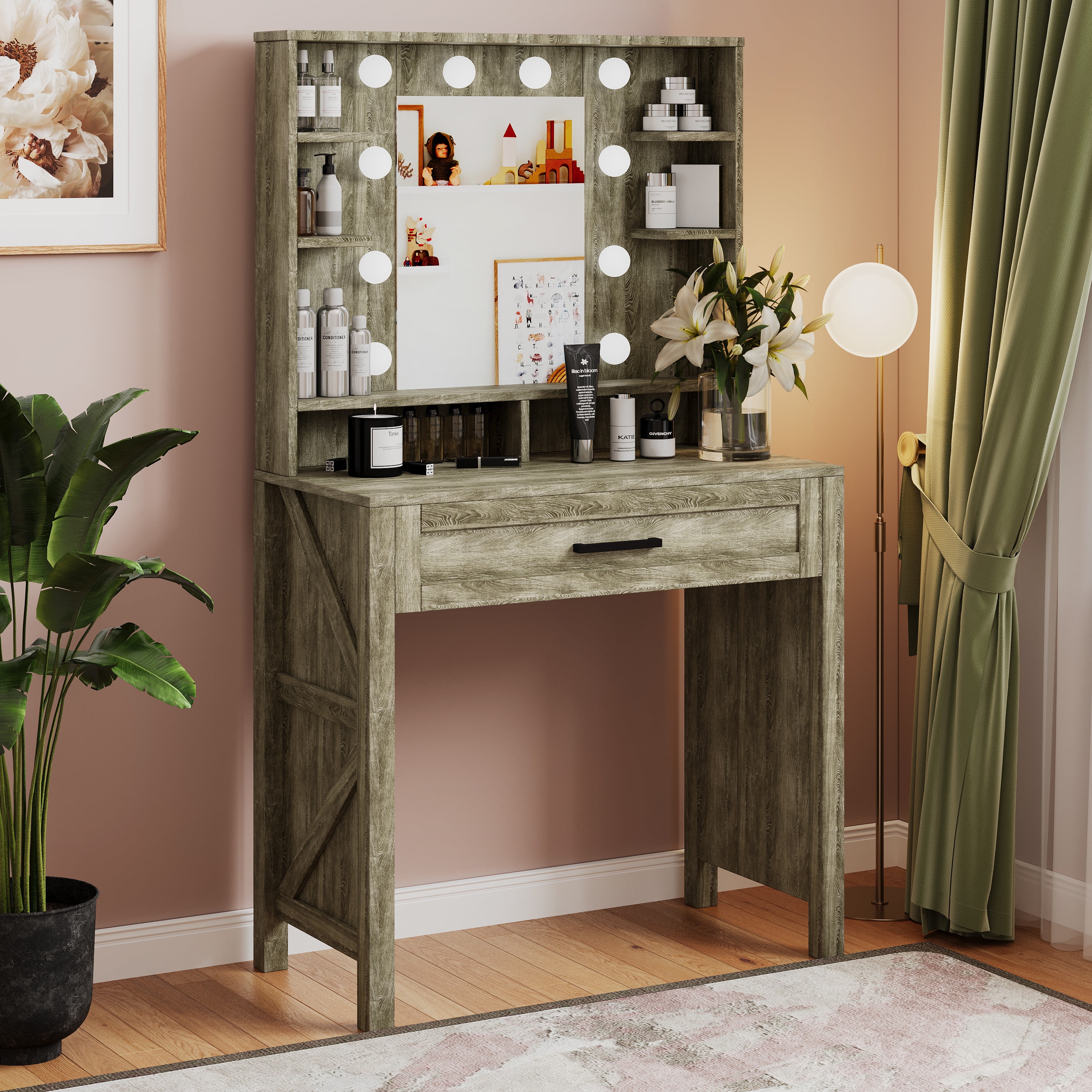 Makeup Vanity Desk With Lights & Mirror - Large Dressing Table With 3 Drawers, Storage Shelves, Adjustable LED