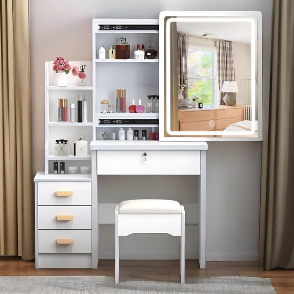 Makeup Vanity Desk with Mirror and Lights, Vanity Table with Sliding Mirror & 4 Drawers & Storage Open Shelves & Stool, Brightness Adjustable, 3 Lighting Modes, Fashion Vanity Desk for Bedroom
