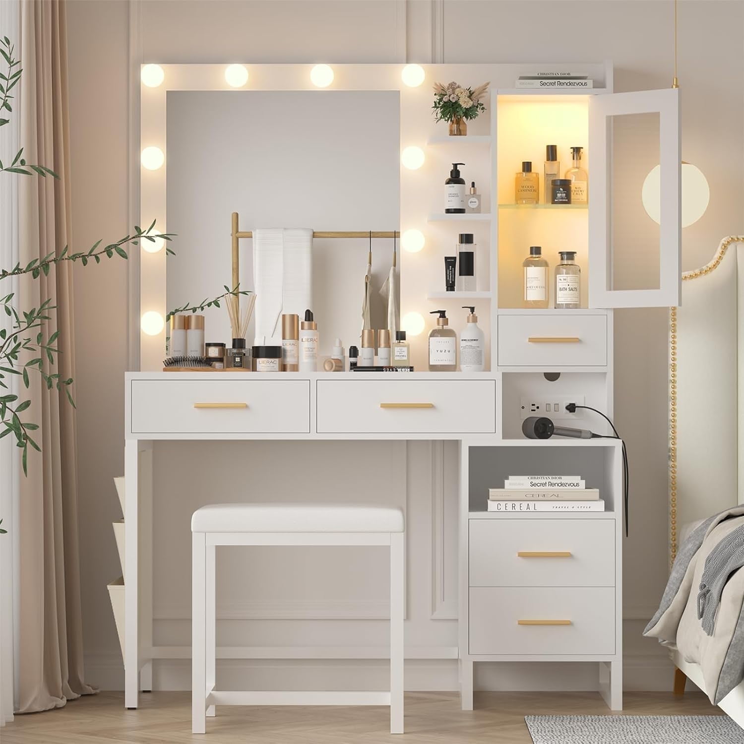 IRONCK LED Lighted White Vanity Desk with Flip Top Mirror IRONCK LED Lighted White Vanity Desk with Flip Top Mirror