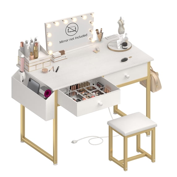 Makeup Vanity Desk No Mirror with Chair for Girls, White Small Table Set with Fabric Drawers, Power Outlet Without Mirror for Bedroom