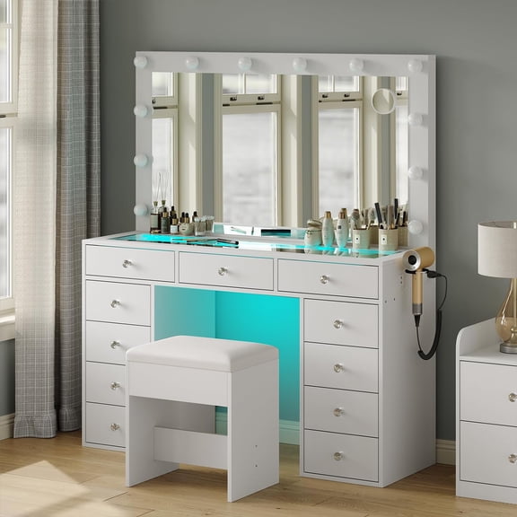Makeup Vanity Desk with RGB Lights and Large 47.2’’ Mirror, 11 Drawers Makeup Vanity with Lighted Mirror, 3 Color Option, Brightness Adjustable, Make Up Vanity with Charging Station Woman, White