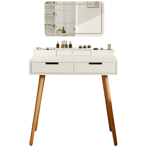 Makeup Vanity Desk with Removable Mirror and Lights, 3 Color Modes & Adjustable Brightness Dressing Table, Small Vanity Table Set with 2 Drawers for Bedroom, white 31.5"