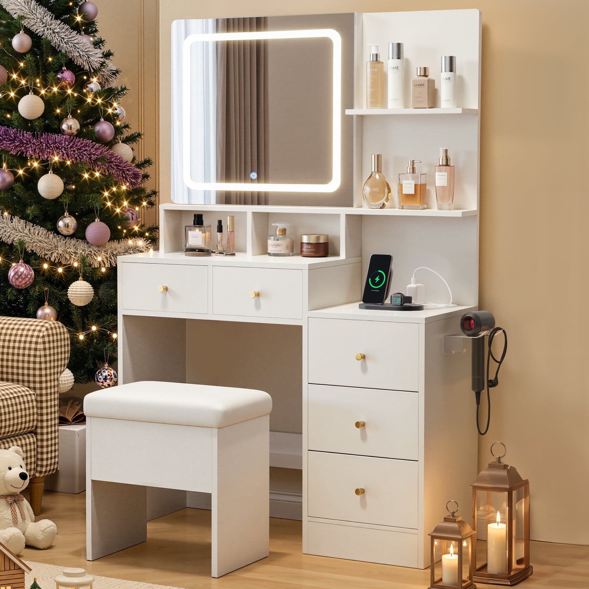 Makeup Vanity Desk Set with Mirror amd LED Lights, White Vanity Table with Chair, Charging Station, 3 Open Storage Shelves & 4 Drawers, Dressing Table with 3 Color Modes for Bedroom